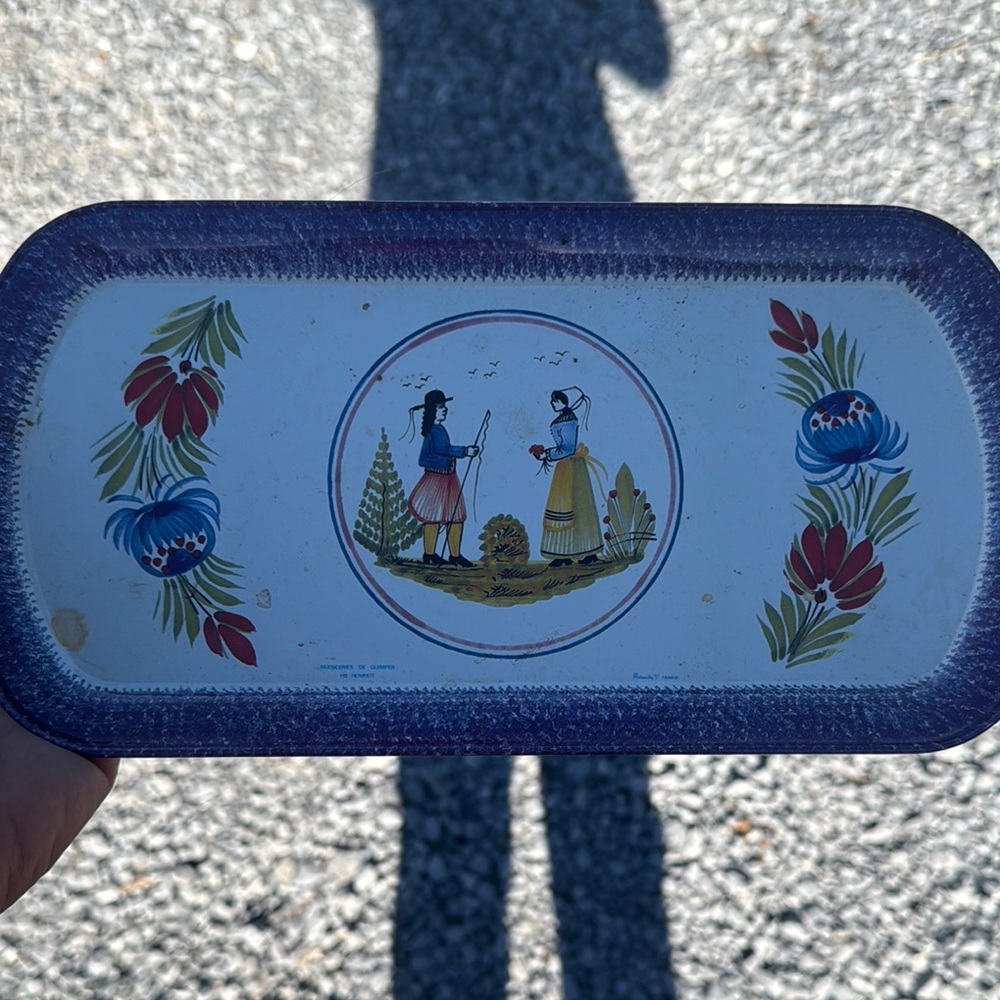 Vintage Decorative Tray with Folk Art Design